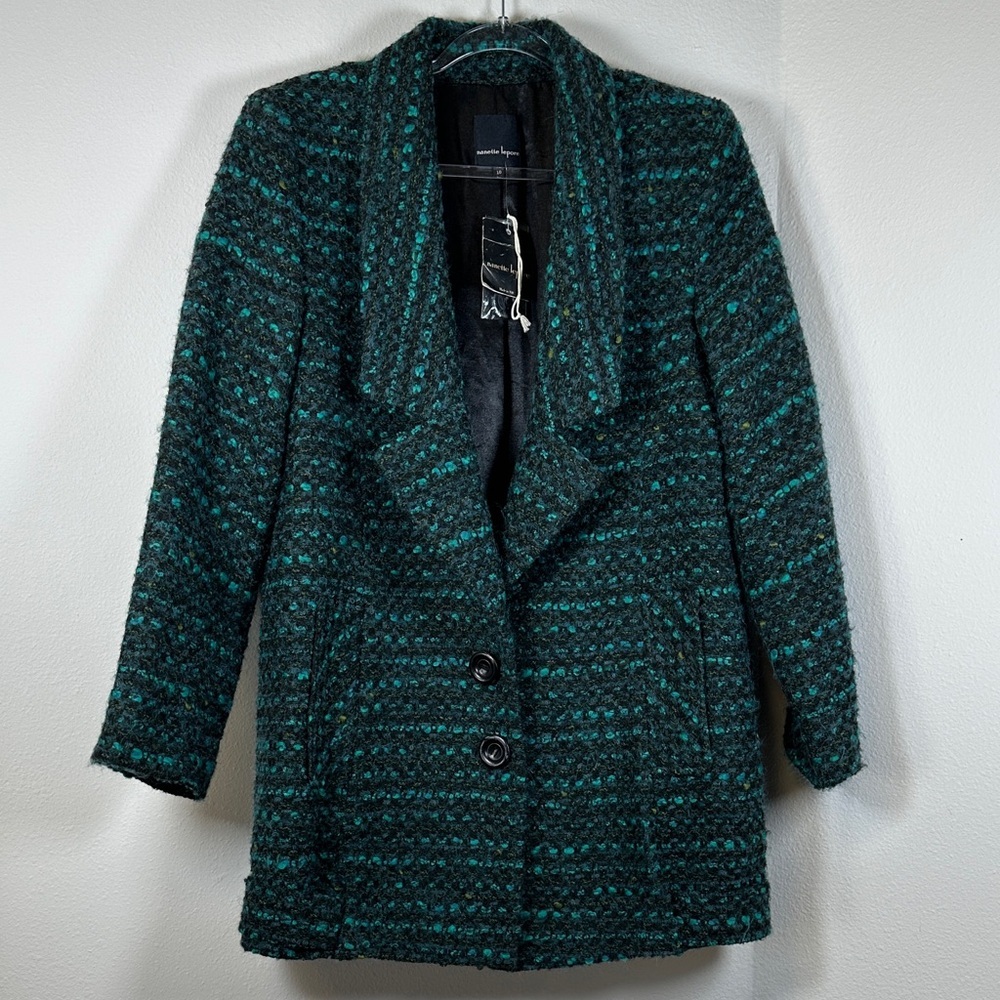 NWT Nanette Lepore Wool Blend Tweed Pea Coat Teal Green Black Size 10